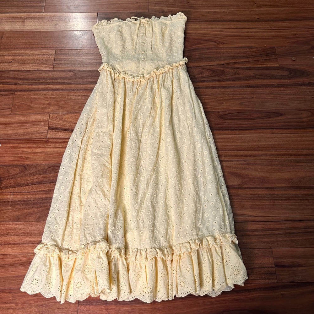 Altar'd State Yellow Eyelet Strapless Maxi Dress Smocked Ruffle ASWD-261-009 L - Picture 9 of 11